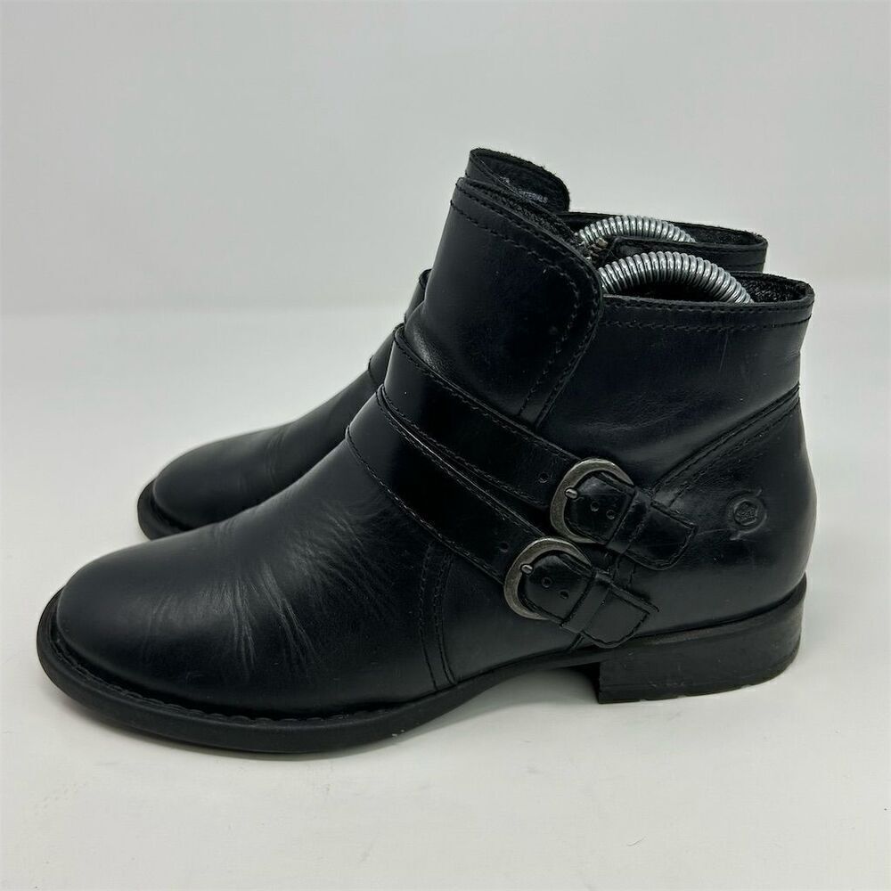 Born Women's Black Leather Ankle Booties Size 7.5 Casual Zip Buckle - Picture 6 of 11